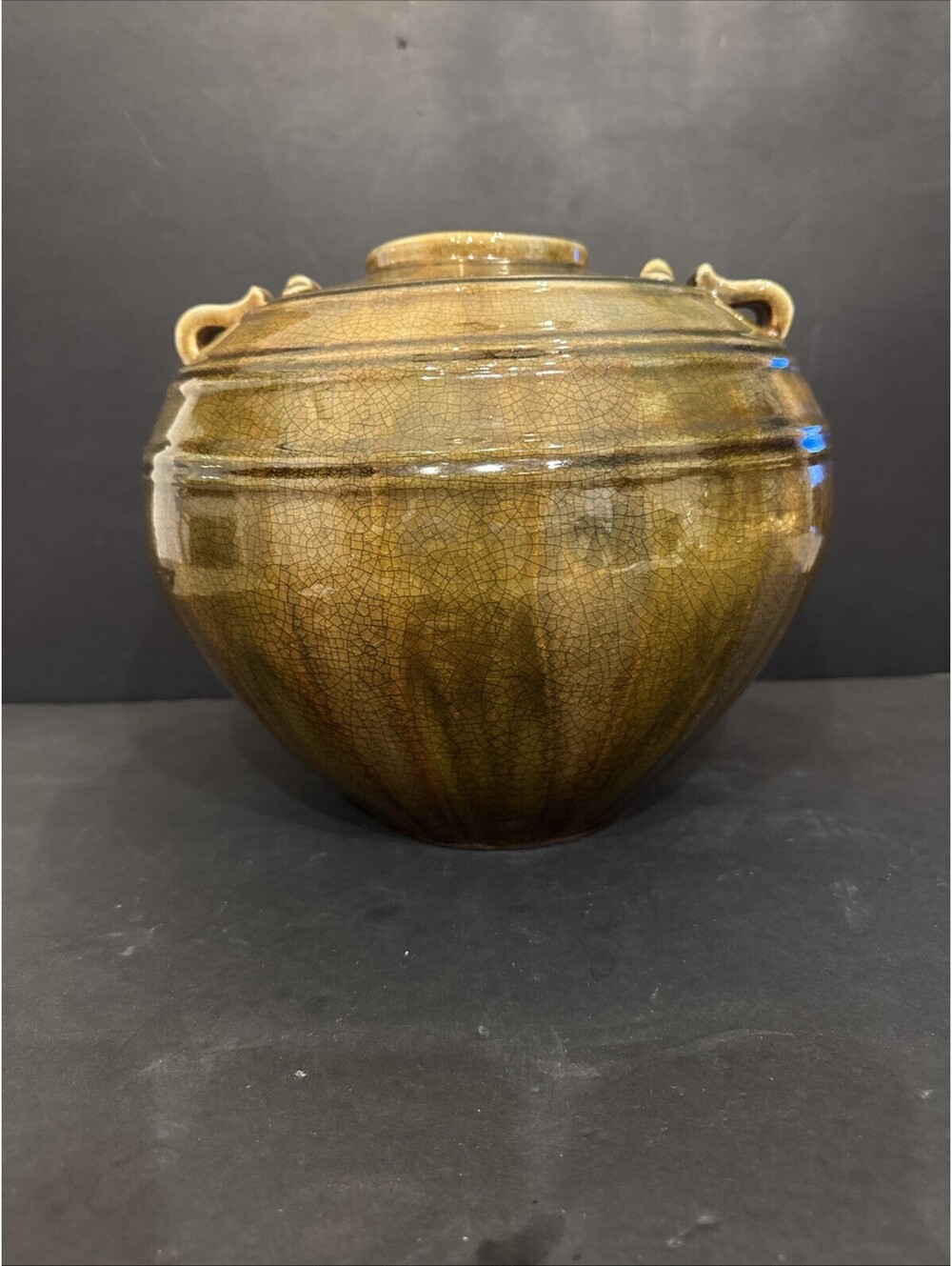 Vintage Green And Rust Crackle Glaze Vase Large 10” H By 11” W